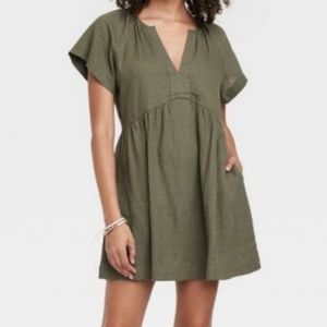 Women's Short Sleeve Linen MiniShift Dress - Universal Thread Olive Green S
